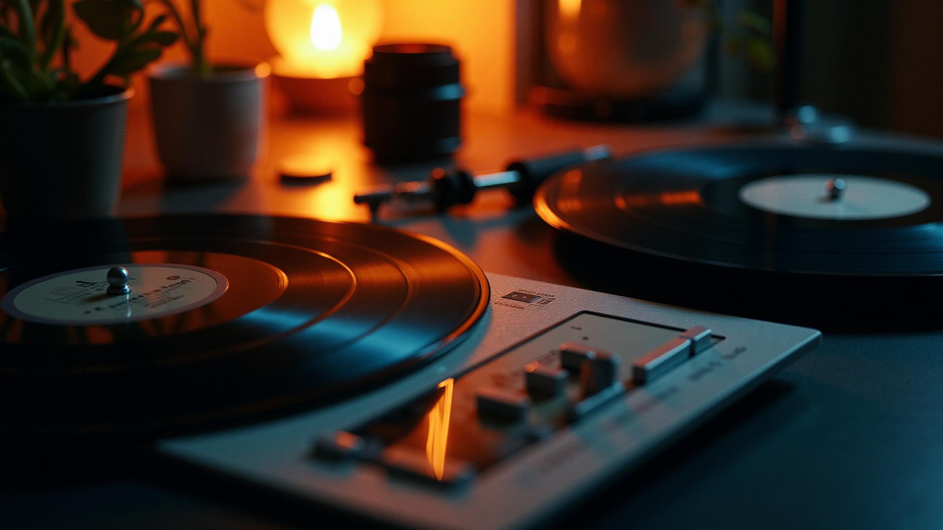 Vinylplater og platespillere i varmt lys